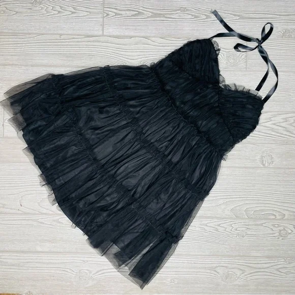 Shein Dresses | Shein Black Tulle Tier Short Dress With Halter Tie Size Large | Color: Black | Size: L | Scoy1's Closet Shein Dresses | Shein Black Tulle Tier Short Dress With Halter Tie Size Large | Color: Black | Size: L | Scoy1's Closet